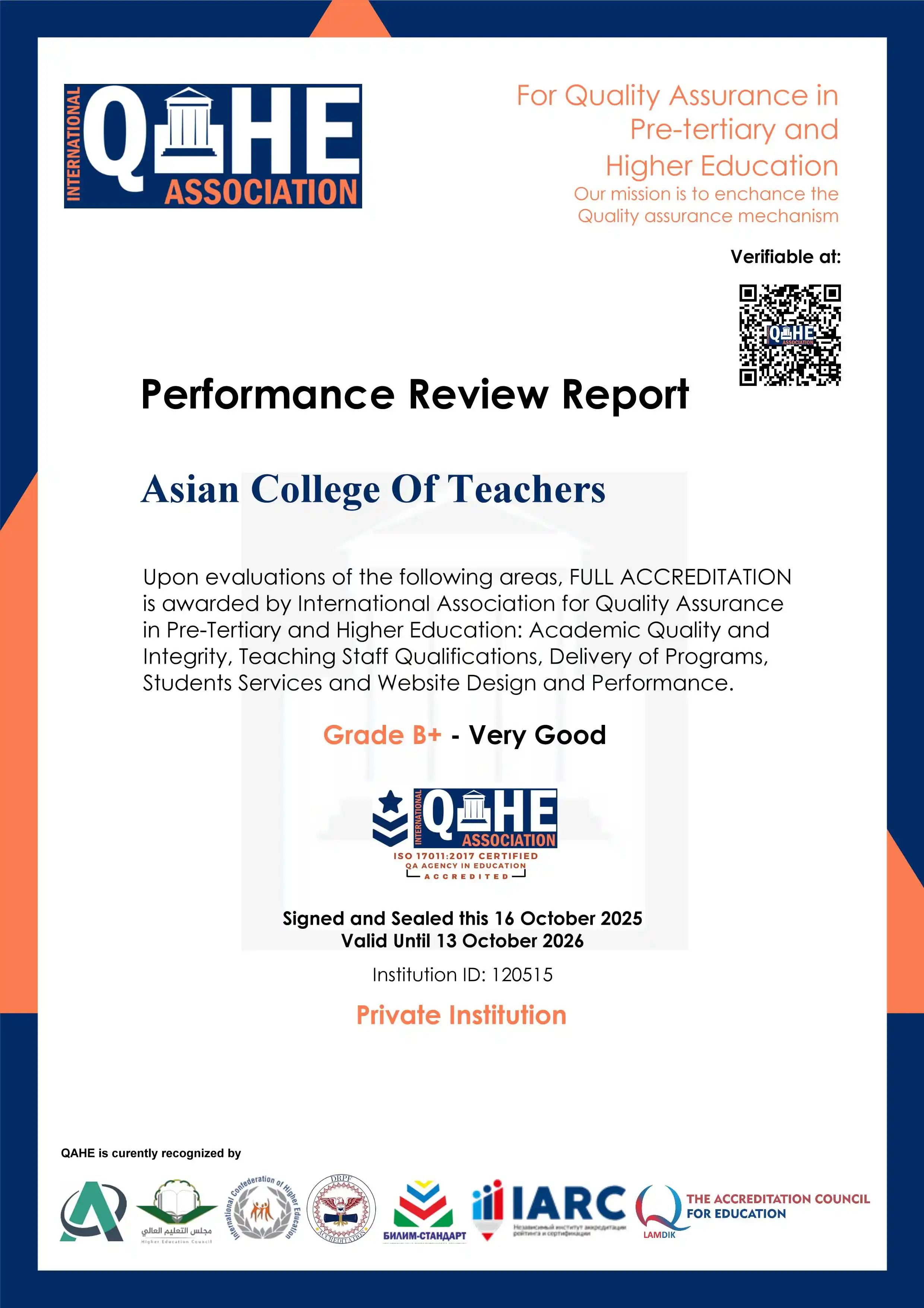 QAHE Accreditation Certificate of Asian College of Teachers