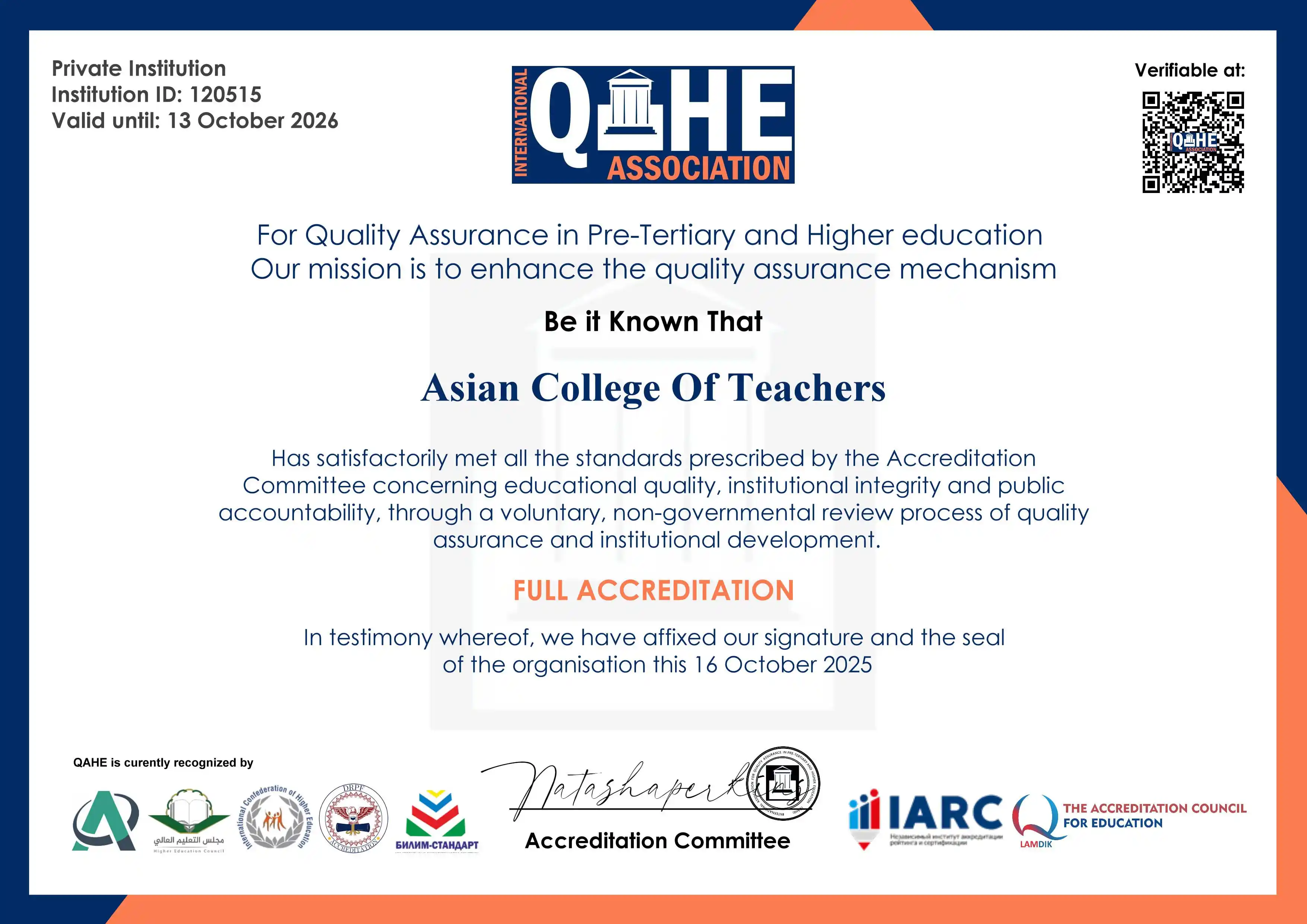 Performance Review Report of Asian College of Teachers by QAHE